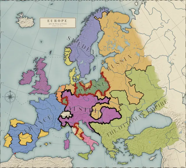 Map of Europe in 1830, from this game: the territories of the twelve powers, wars hatched in the enemy’s colour.