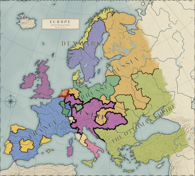 Map of Europe in 1835, from this game: the territories of the twelve powers, wars hatched in the enemy’s colour.